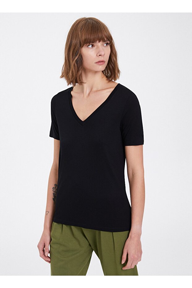 V-Neck Ecovero Ecological Viscose Black Women's T-shirt