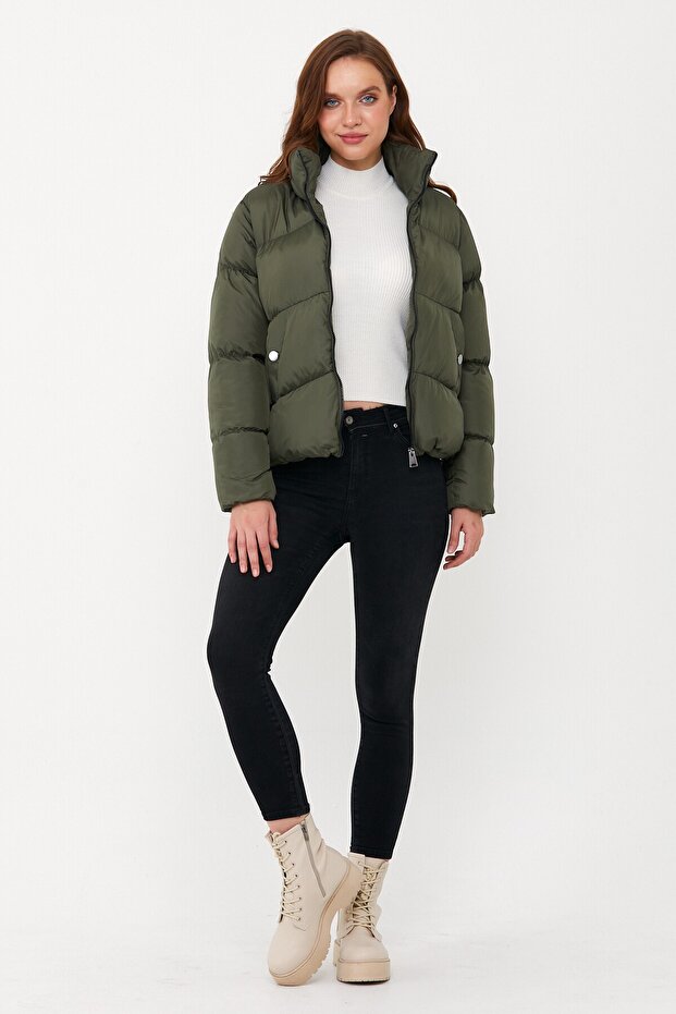 Kadın Haki Oversize Şişme Mont - 4