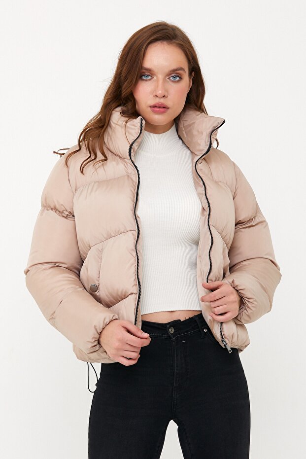 Kadın Bej Oversize Şişme Mont - 10