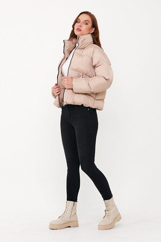 Kadın Bej Oversize Şişme Mont - 1