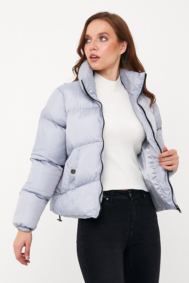 Kadın Gri Oversize Şişme Mont - 10