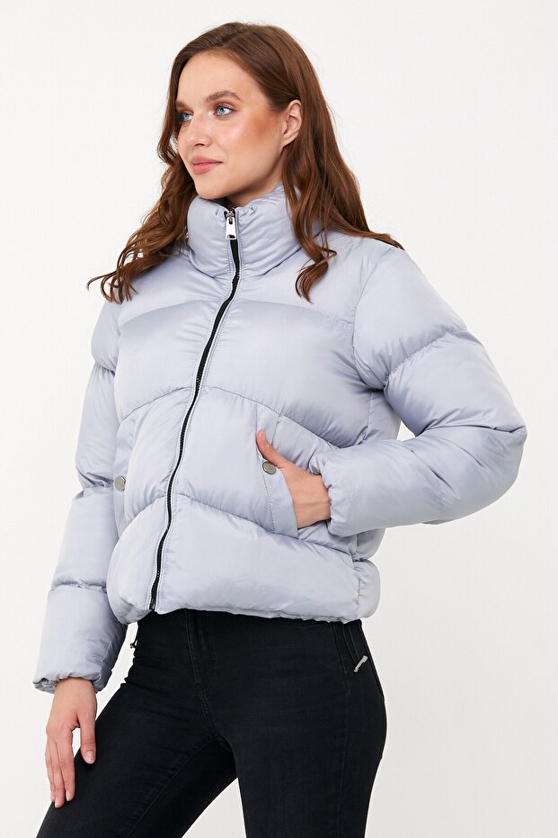 Kadın Gri Oversize Şişme Mont - 11