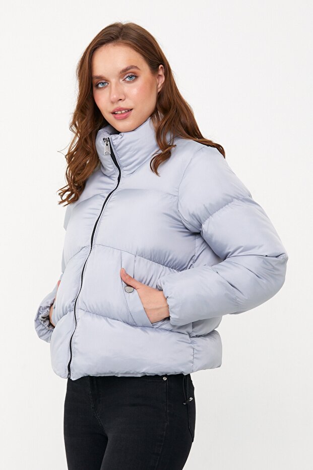 Kadın Gri Oversize Şişme Mont - 3