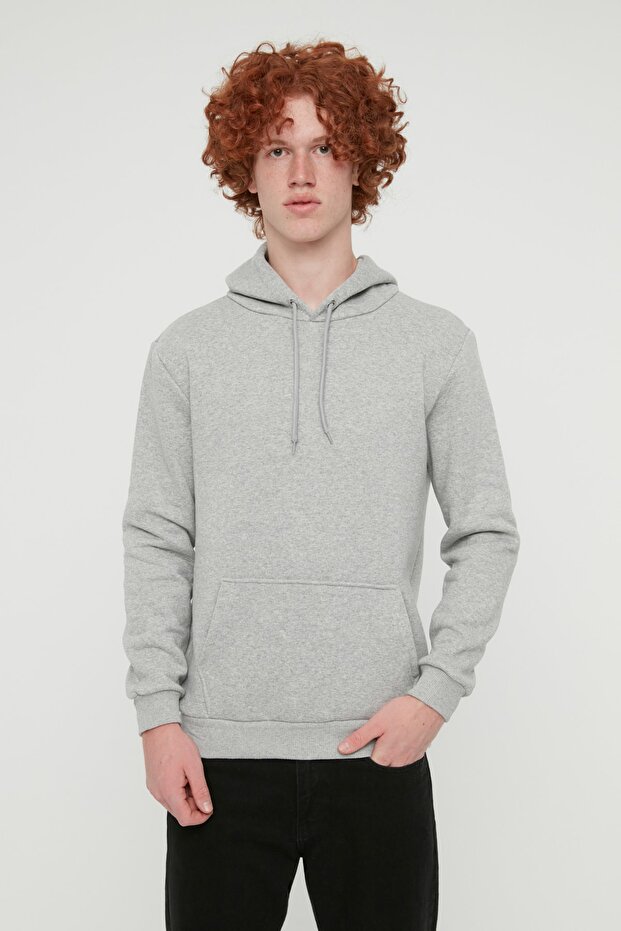 Gri Melanj Regular/Normal Kesim Kapüşonlu İçi Polar/Sıcak Tutan Sweatshirt TMNAW20SW0163 - 3