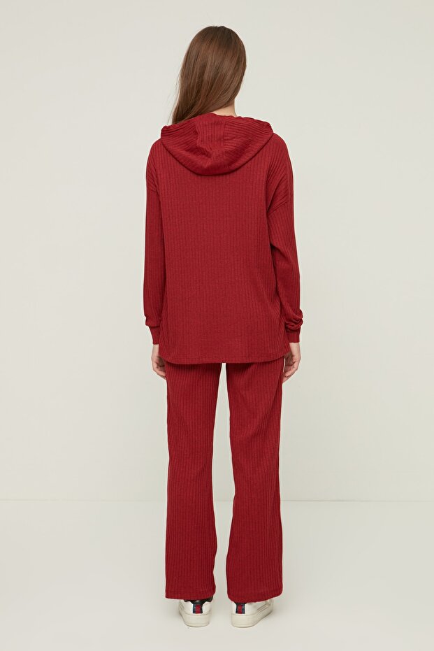 Bordo Fitilli Kapüşonlu Örme Pijama Takımı THMAW22AU0334 - 4