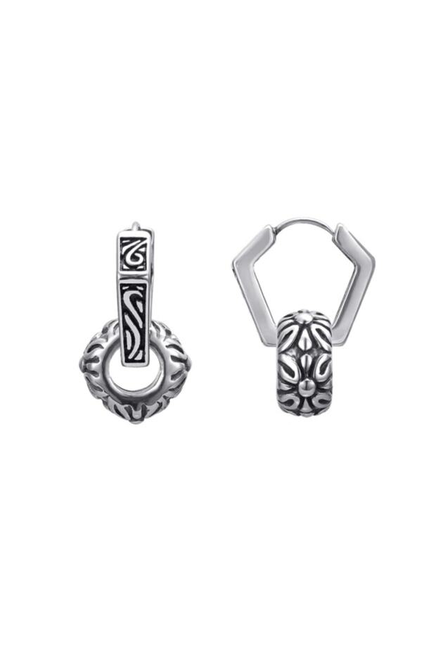 Large Antique Design Combination Ring Accessory Snap Hexagon Tribal Men's 316l Steel Earrings Pair