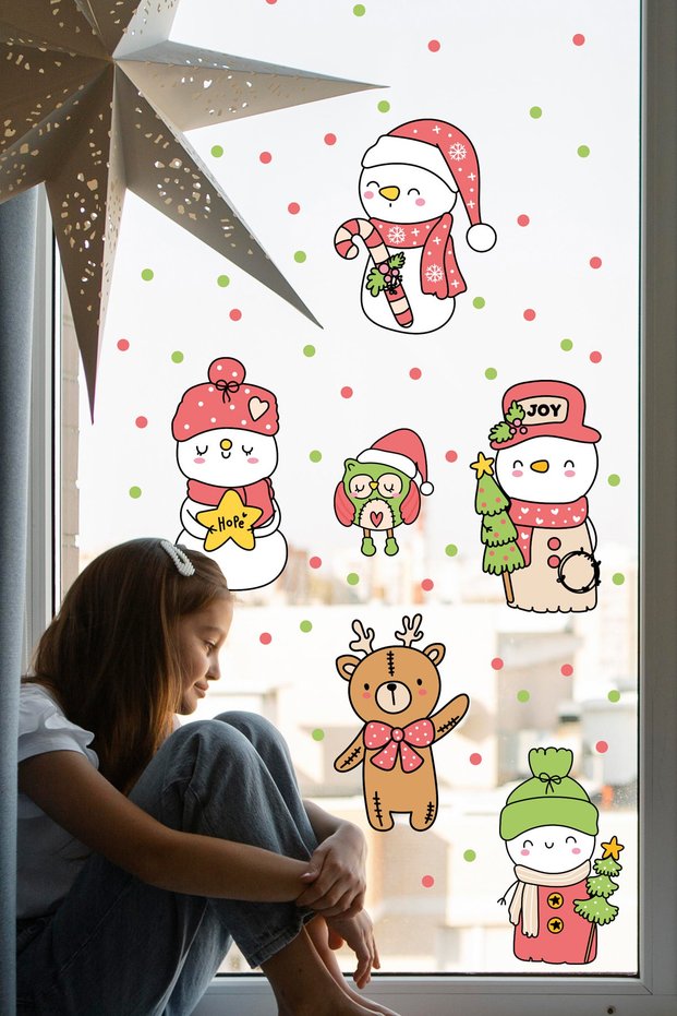 New Year Snowmen Christmas New Year - Ornament Glass Wall Sticker - Sm201
