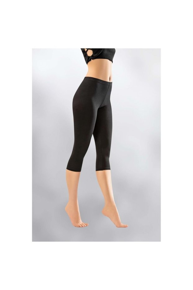 Black Combed Elastane High Waist Patternless Capri Tights 4005
