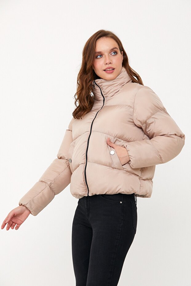 Kadın Bej Oversize Şişme Mont - 3