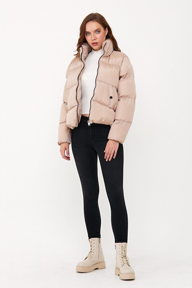 Kadın Bej Oversize Şişme Mont - 6