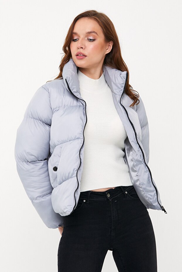 Kadın Gri Oversize Şişme Mont - 1