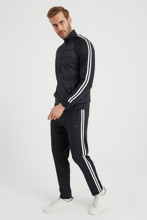 Erkek Siyah Eşofman Takımı Dalgıç Kumaş Yanları Şeritli Klr Gym As-300 Siyah - 1