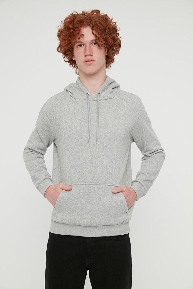 Gri Melanj Regular/Normal Kesim Kapüşonlu İçi Polar/Sıcak Tutan Sweatshirt TMNAW20SW0163 - 4