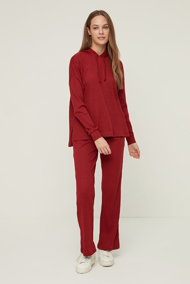 Bordo Fitilli Kapüşonlu Örme Pijama Takımı THMAW22AU0334 - 1