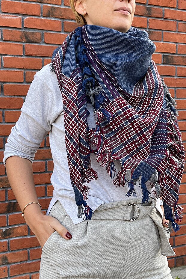 Hand-Woven Winter Wool Shawl Navy Blue-grey Base 130*130cm Shmn0184