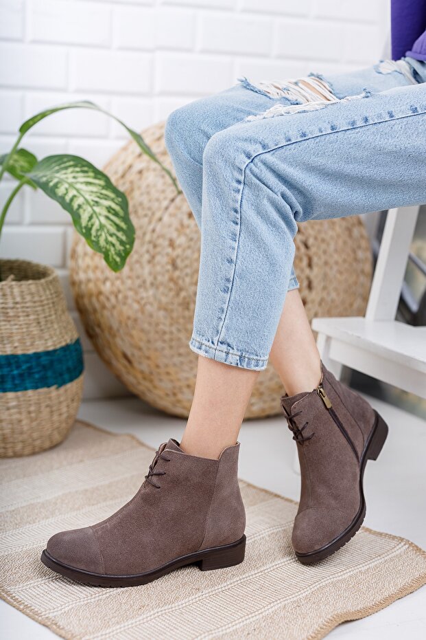 Genuine Leather Taupe Brown Suede Women's Leather Boots Trc-2733
