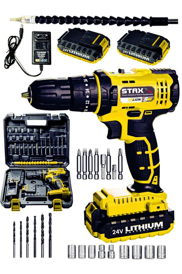 24 V 5 Ah Darbeli Metal Dişli Şanzuman Çift Akülü Şarjlı Vidalama Matkap Çantalı Set - 1