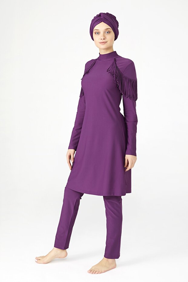 Purple Design Lycra Full Covered Hijab Swimsuit Tassel 4105
