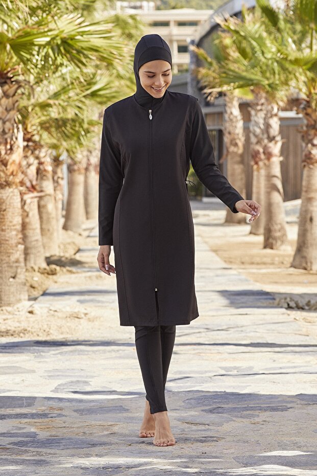 Women's Black Vest Jumpsuit Full Covered Hijab Swimsuit 2 Pieces 2185