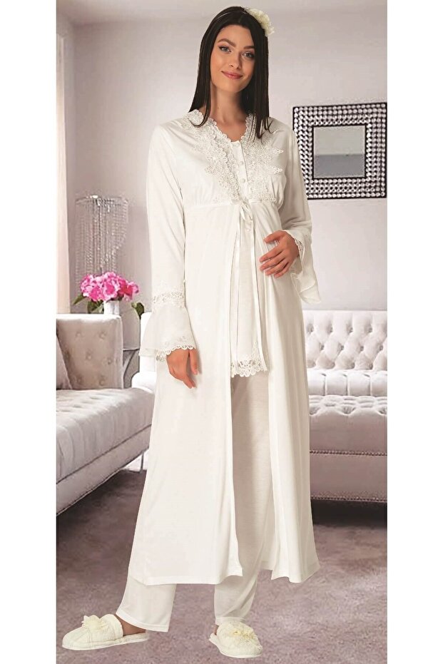 Ecru Maternity Pajama Set with Dressing Gown