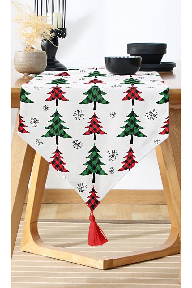 Digital Printed Modern Runner with Plaid Pine Tree Pattern on White Background - 1