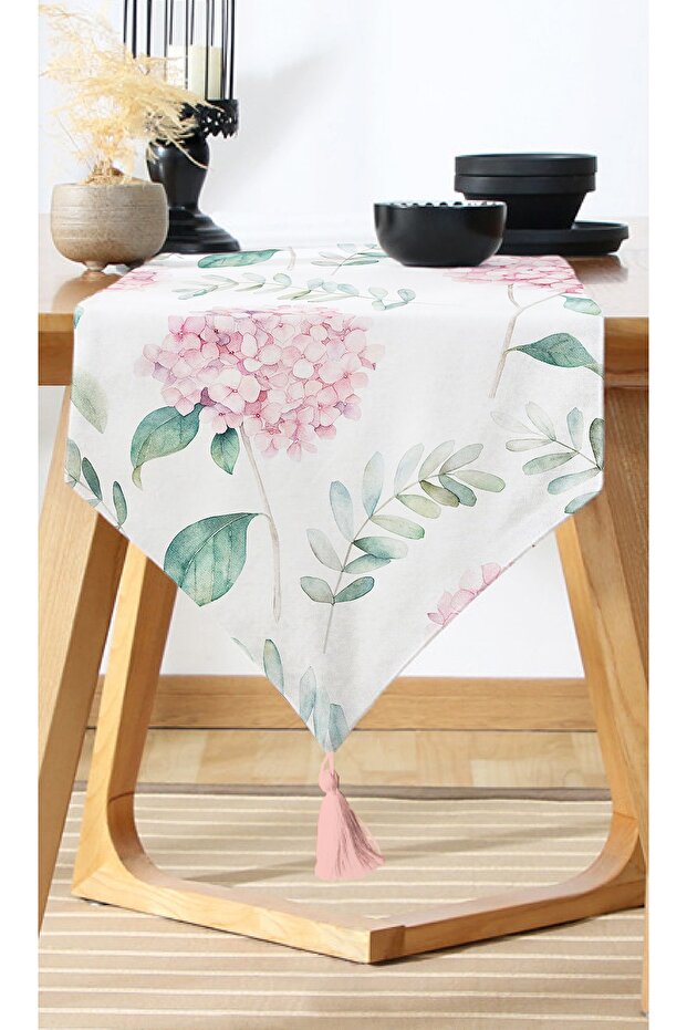 Green Leaf Hydrangea Flower Digital Printed Modern Runner with White Background