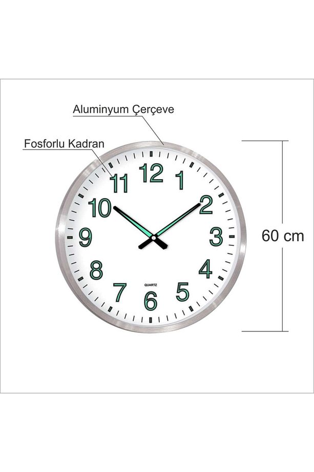 Büyük Dev 60 Cm Ebat Ebadında Aluminyum Çerçeve Gerçek Ön Camlı Gece Görünen Fosforlu Duvar Saati - 5