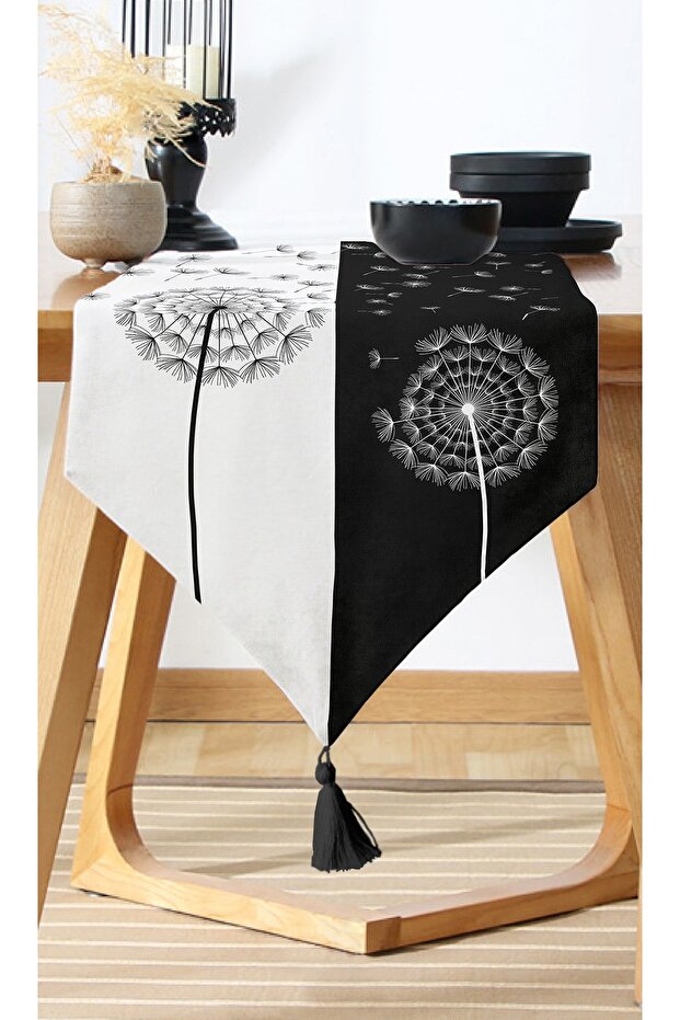 Digital Printed Modern Runner with Flower Pattern on Black and White Background