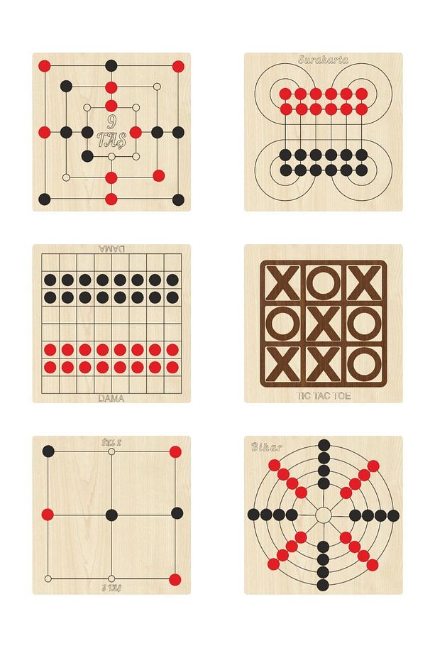 Ahşap Zeka Ve Strateji Oyunu Seti 6 Lı, Dama+3 Taş+9 Taş+bihar+surakarta Ve Tic-tac-toe - 1
