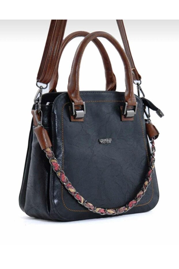 Three Compartment Hand & Shoulder Bag with Chain Accessories Black-Tan
