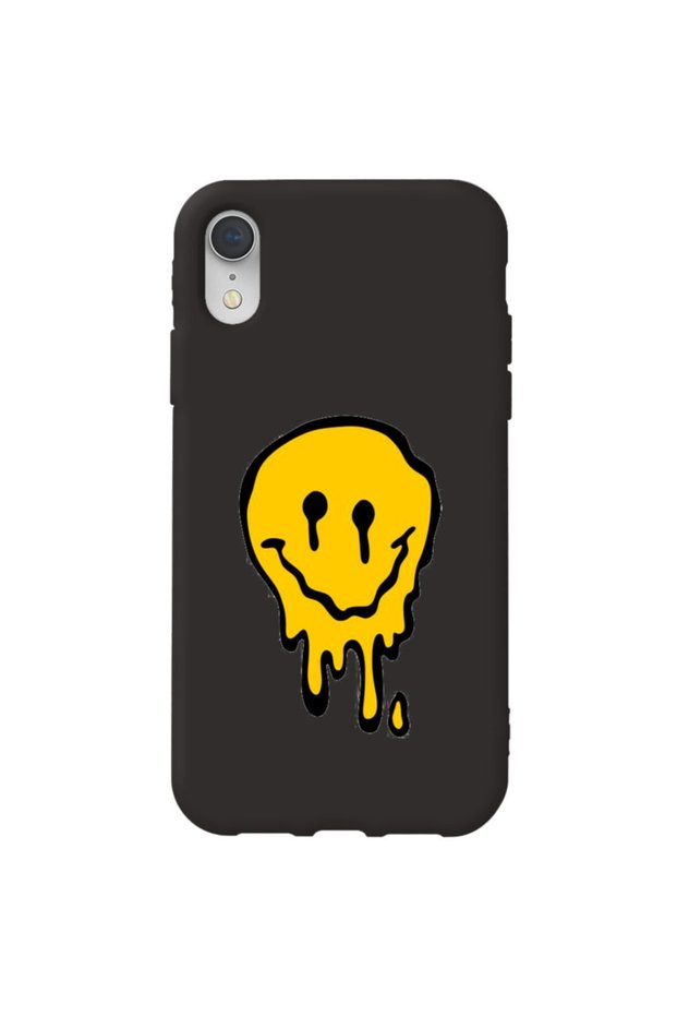iPhone Xr Black Color Melting Emoji Velvet Patterned Silicone Phone Case