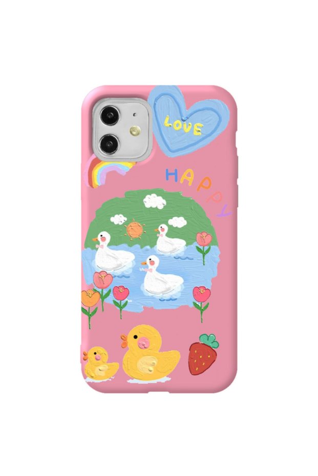 iPhone 11 Pink Color Happy Velvet Patterned Silicone Phone Case
