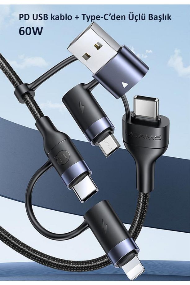 Us-sj547 Usb Type-c To Type-c Lightning Microusb,1.2m 60 Watt 6 In 1 Hızlı Şarj Ve Data Kablosu - 6