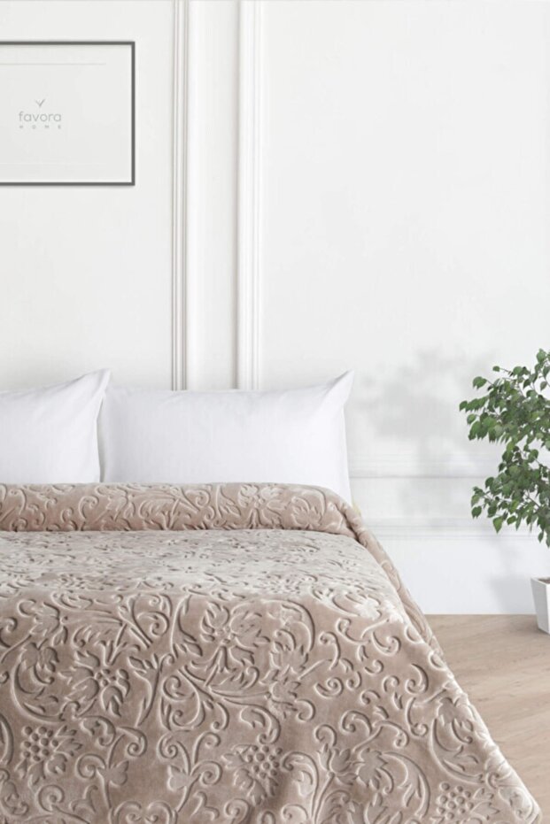Merino Romance Floral Embossed Double Blanket - Mink