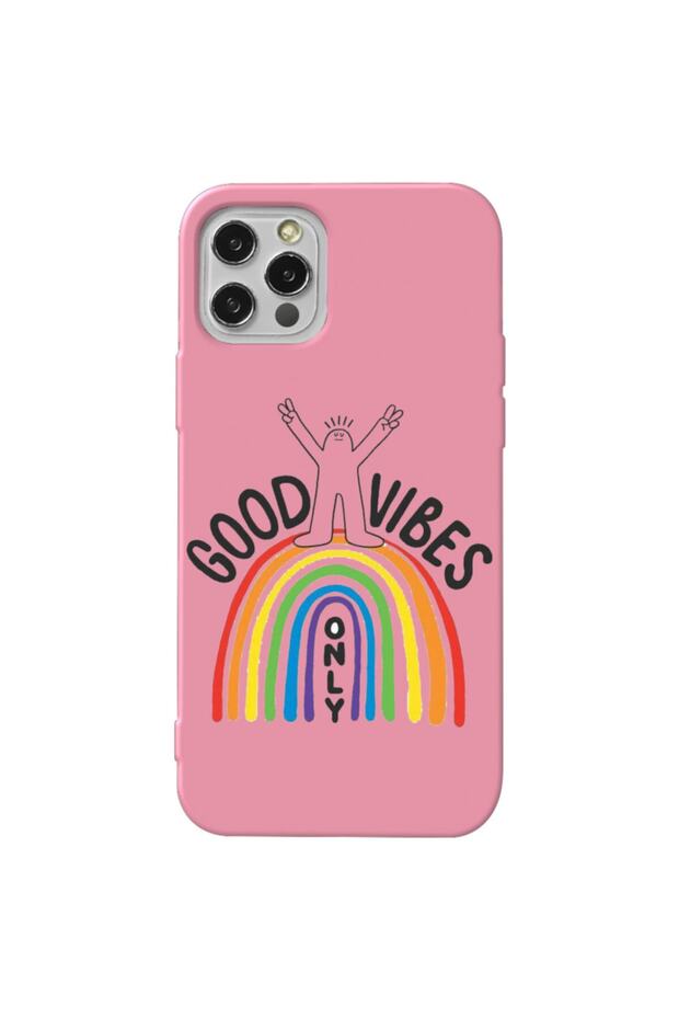 iPhone 12 Pro Max Pink Color Good Vibes Velvet Patterned Silicone Phone Case