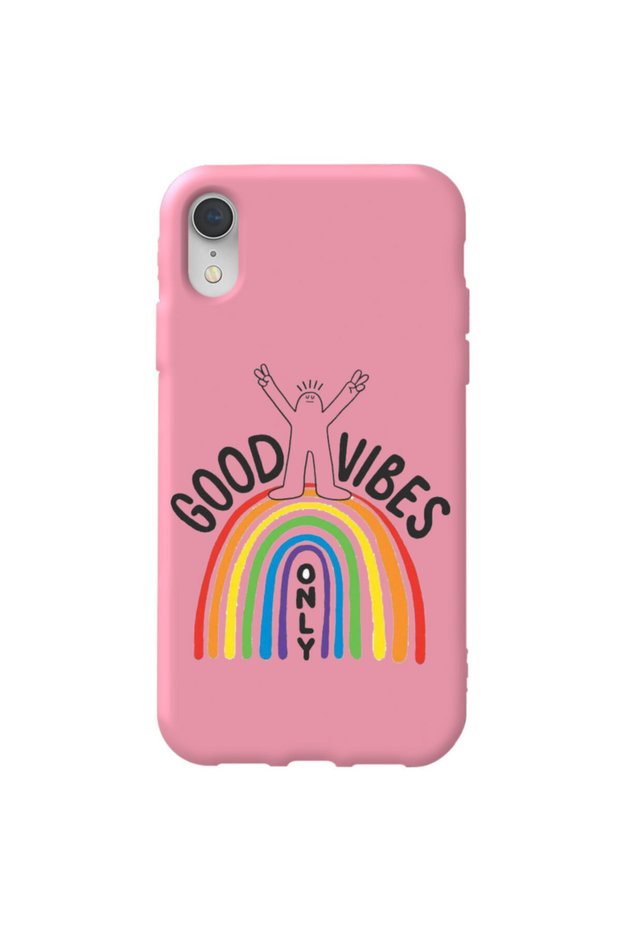 iPhone Xr Pink Color Good Vibes Velvet Patterned Silicone Phone Case