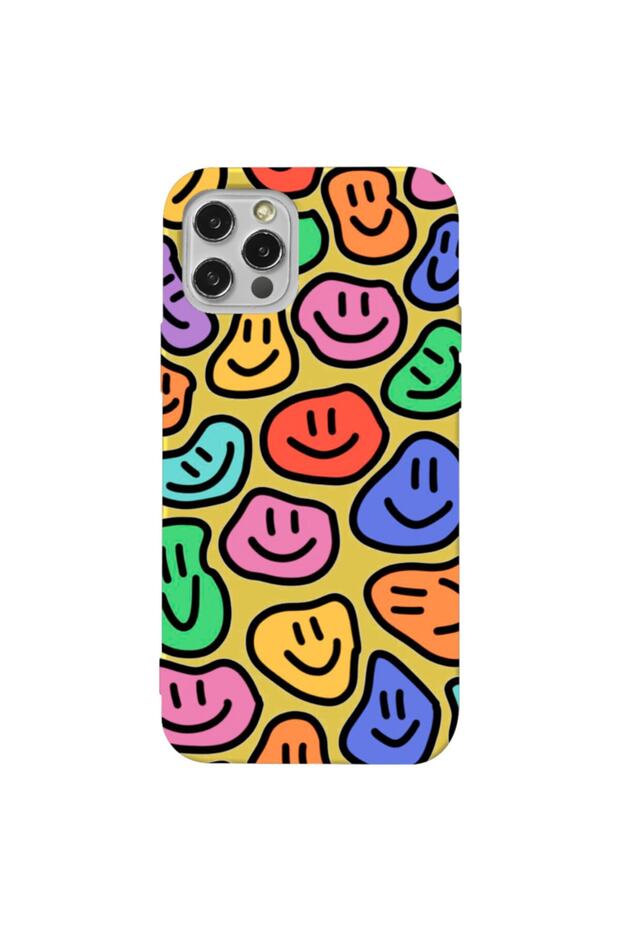Iphone 12 Pro Max Yellow Color Smile Pattern Silicone Phone Case with Velvet Pattern Inside