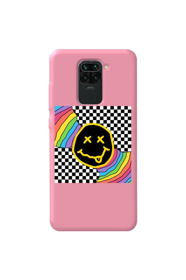 Xiaomi Redmi Note 9 Pink Color Rainbow Face Velvet Patterned Silicone Phone Case