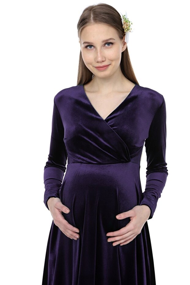 Kadife Kısa Hamile Elbisesi Mor - 2