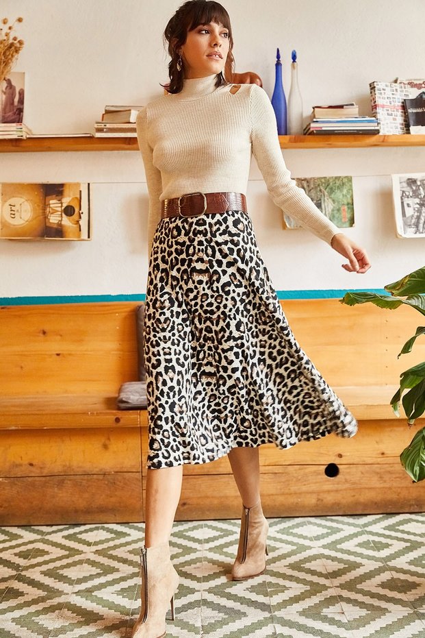Women's Black Mink Suede Textured Bell Skirt with Elastic Waist ETK-19000141