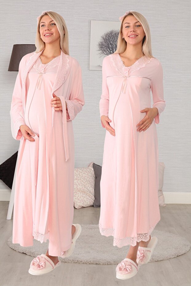 Women's Powder Pink Maternity Nightgown Set with Hidden Nursing Feature 6035 Dressing Gowns
