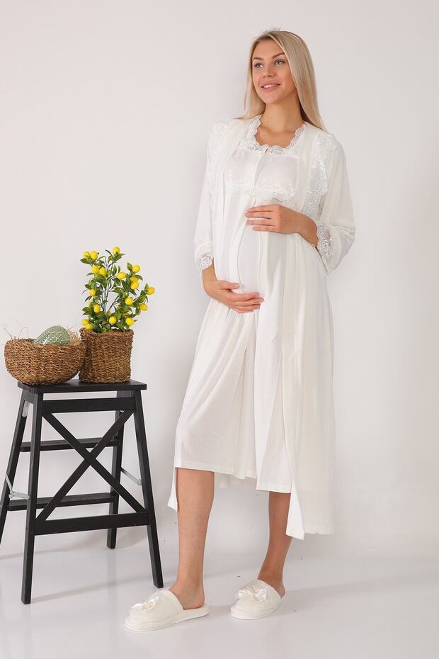 Women's Ecru 2602 Maternity Nightie Set with Long Dressing Gowns