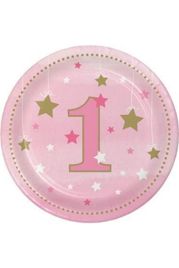 1 Yaş Temalı One Little Star Pembe Karton Tabak (8 Adet) - 1