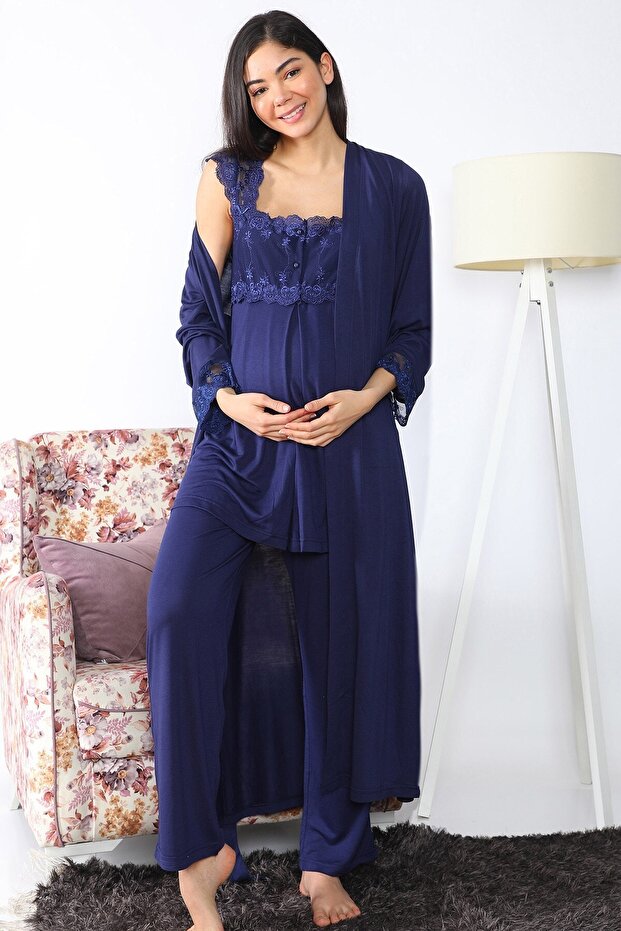 Women's Navy Blue Long Maternity Pajamas Set with Dressing Gown 2501