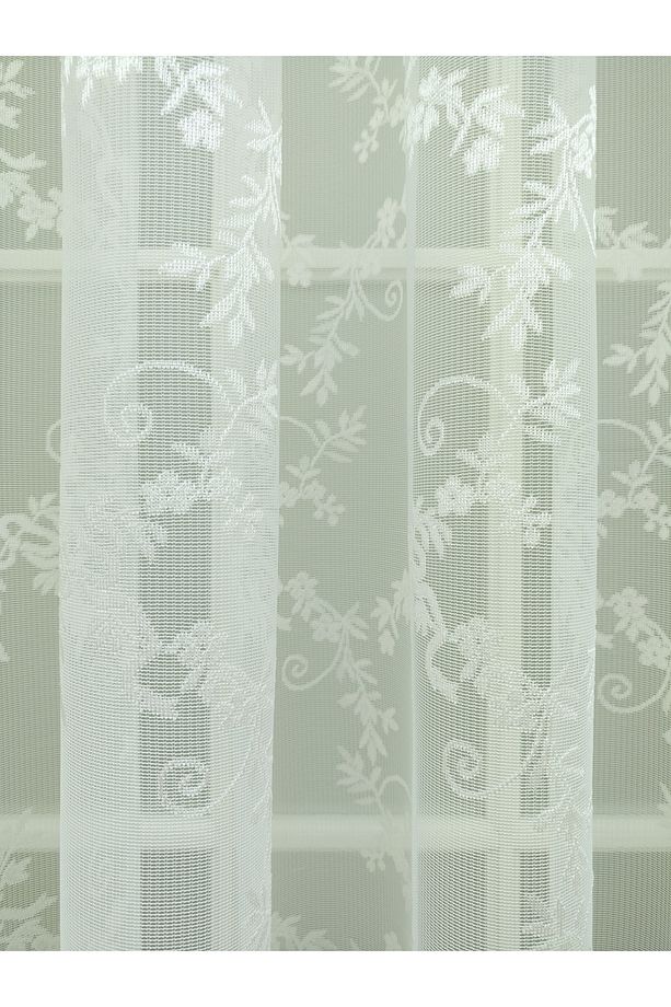 Ekru Örme Çiçek Desenli Tül Perde, 600x260, Sık Pile, 1/3 - 3