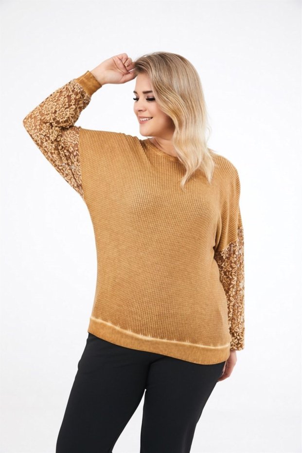 Women's Mustard Waffle Fabric Sleeve Ruched Oil Wash Blouse