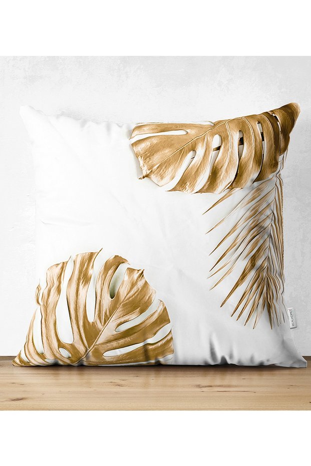Double Sided 3D Gold Colored Palm Leaves Patterned Decorative Suede Pillow Throw Pillow Cover