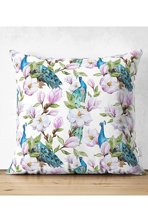 Double Sided Decorative Suede Pillow Cushion Cover with Peacock and Flower Motif