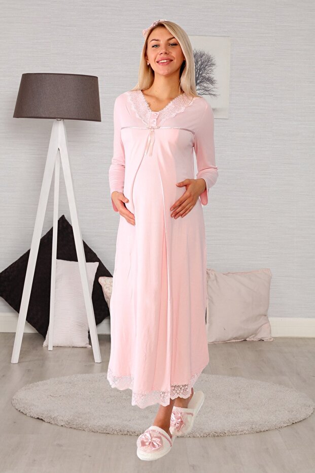 Powder Maternity Nightgown Set with Hidden Breastfeeding Feature