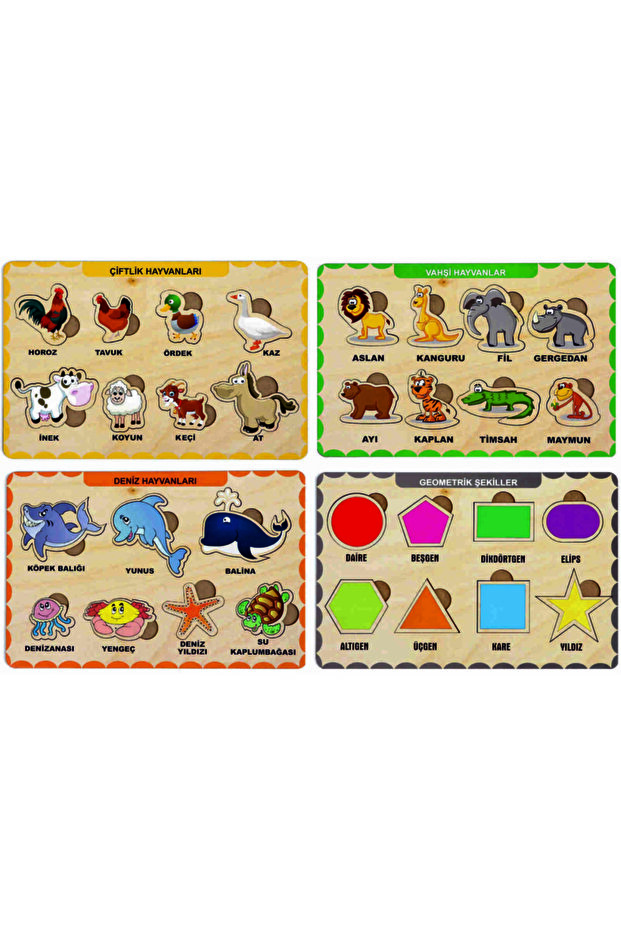 4 Adet Ahşap Bul Tak Eğitici Yapboz Puzzle Seti 6 - 1